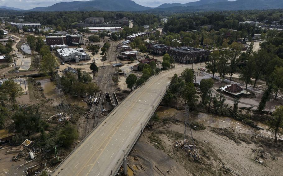 Debris is seen in the aftermath of Hurricane Helene, Monday, Sept. 30, 2024, in Asheville, N.C.