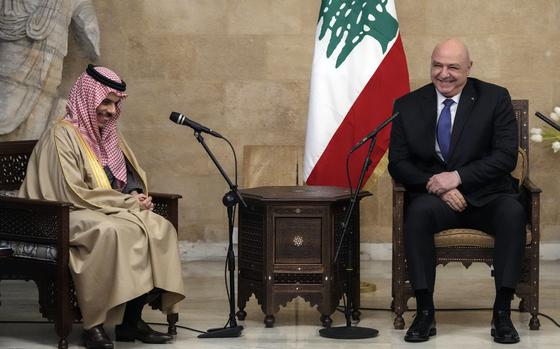 Lebanese President Joseph Aoun, right, meets with Saudi Arabia's Foreign Minister Prince Faisal bin Farhan al-Saud at the presidential palace in Baabda, east of Beirut, Lebanon, Thursday, Jan. 23, 2025. (AP Photo/Hassan Ammar)