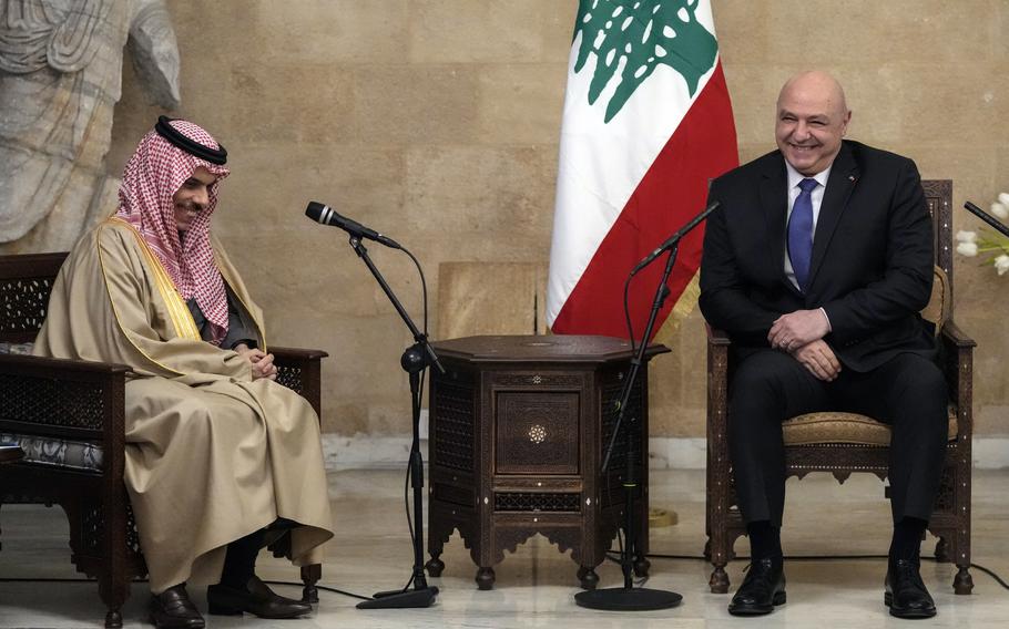 Lebanese President Joseph Aoun, right, meets with Saudi Arabia’s Foreign Minister Prince Faisal bin Farhan al-Saud at the presidential palace in Baabda, east of Beirut, Lebanon, Thursday, Jan. 23, 2025. 