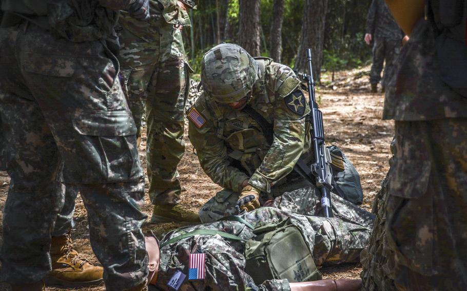 U.S. and South Korean medics test their ability to treat victims of chemical, biological, radiological and nuclear attacks at Jundae, a South Korean military base in Daejeon city, May 29, 2024.