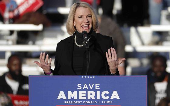 Texas state Sen. Dawn Buckingham speaks during the Save America Rally, Jan. 29, 2022, in Conroe, Texas.