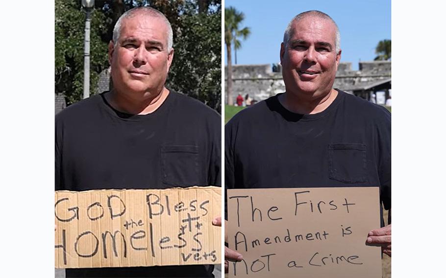 A combination of video screen grabs shows Army veteran Jeffrey Gray holding signs.