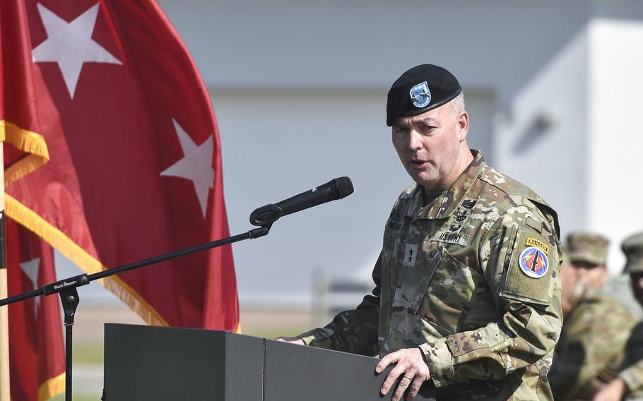 Maj. Gen. John Rafferty, incoming commanding general for the 56th Artillery Command, speaks during a change of command ceremony June 13, 2024, on Clay Kaserne in Wiesbaden, Germany. 