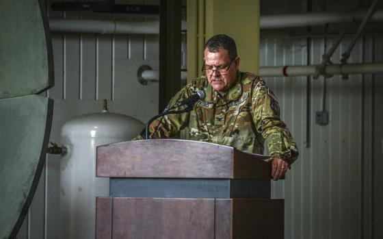 Col. John Patrick, incoming commander of Space Forces Korea, speaks at the change of command ceremony at Osan Air Base, South Korea, July 12, 2024.