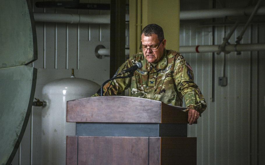 Col. John Patrick, incoming commander of Space Forces Korea, speaks at the change of command ceremony at Osan Air Base, South Korea, July 12, 2024.