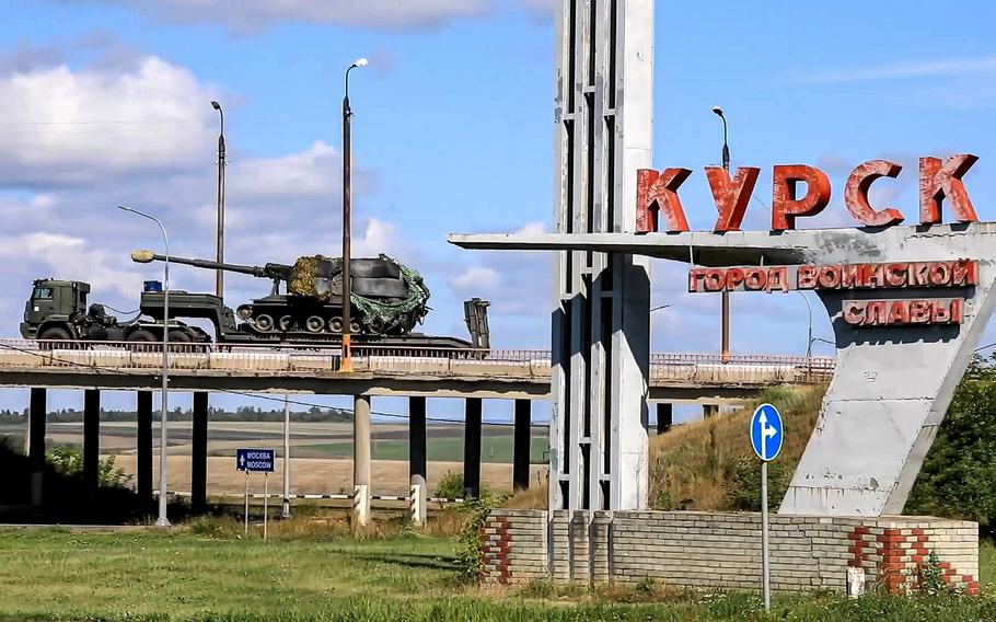 A Russian military column moves to fight Ukrainian forces in the Sudzhansky district of the ​​Kursk region, Aug. 9, 2024.