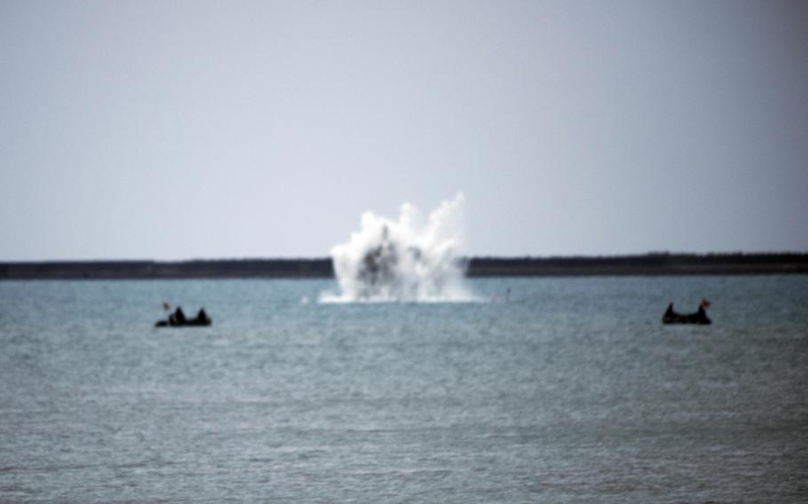 Japanese navy divers detonate 461 U.S.-made shells believed to be from World War II in Nakagusuku Bay, Okinawa, Feb. 13, 2025.