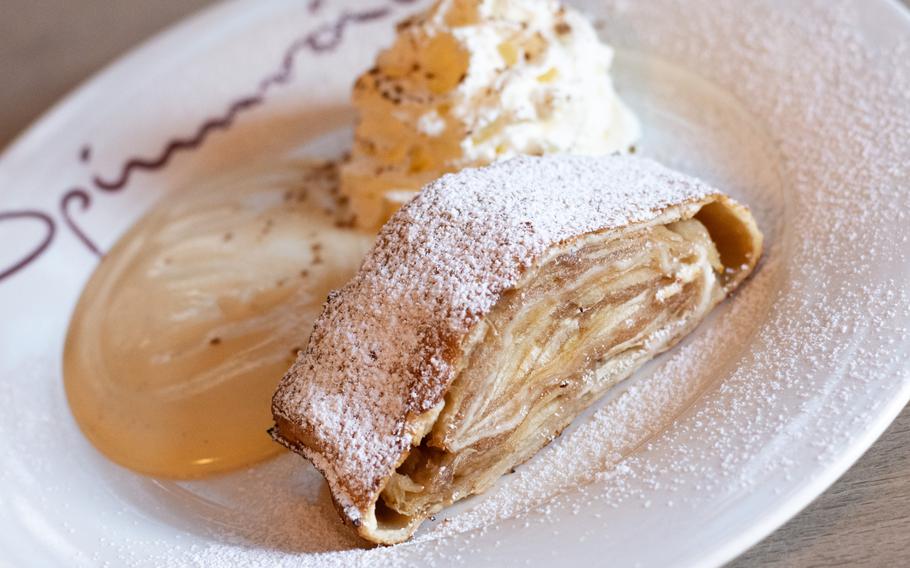 The apple strudel at Spinnrädl with a flaky crust that gives way to a soft center.