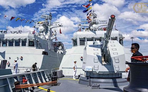 FILE - In this photo released by the official Facebook page of the Ream Naval Base, Cambodian navy crew stand on a patrol boat at the Ream Naval Base in Sihanoukville, southwest of Phnom Penh, Cambodia, Sunday, Dec. 3, 2023. (Ream Naval Base's Facebook page via AP, File)