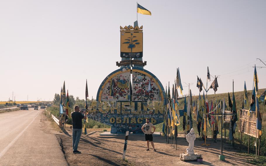 A sign marks the entrance to the Donetsk area in Ukraine