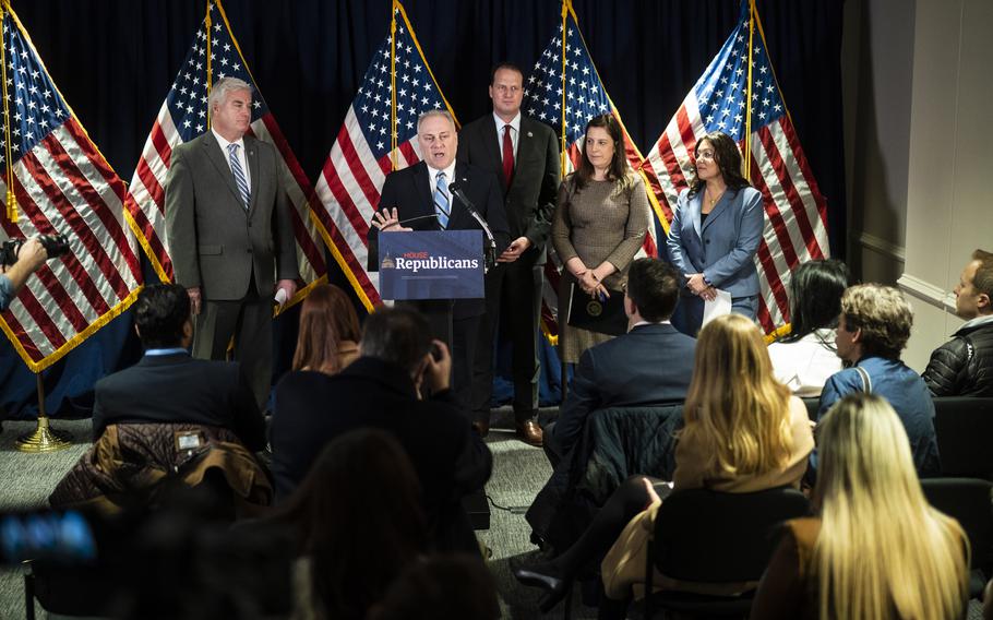 House Majority Whip Tom Emmer (R-Minn.), House Majority Leader Steve Scalise (R-La.), Rep. August Pfluger (R-Texas), Republican Conference Chair Elise Stefanik (R-N.Y.), and Rep. Lori Chavez-DeRemer (R-Ore.) speak at a news conference following a House GOP conference meeting on Capitol Hill on Jan. 25, 2023. 