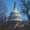 The dome of the U.S. Capitol building is seen from a distance between tree branches.