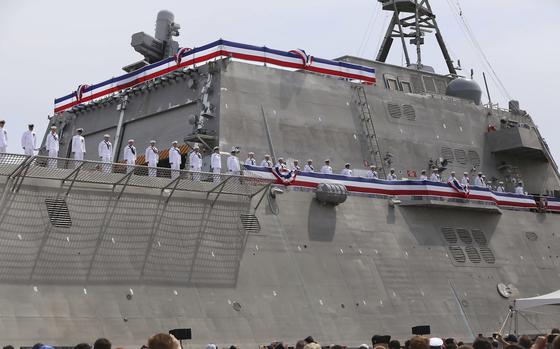 Thousands attend the commissioning ceremony for the USS Manchester at the New Hampshire State Pier in Portsmouth in May 2018. 