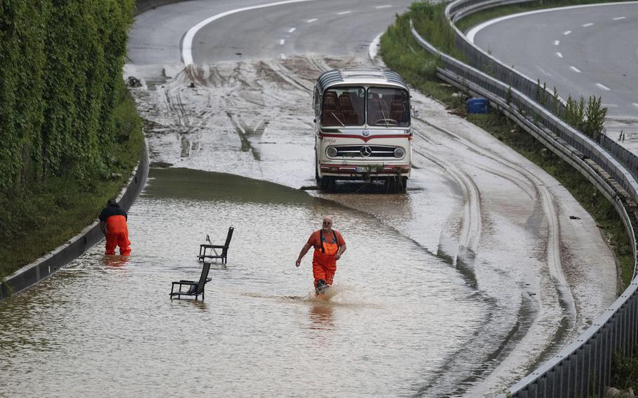 Emergency crews work on a flooded federal highway in Ebersbach, Germany, on June 3, 2024. Persistent heavy rain led to widespread flooding in the southern states of Bavaria and Baden-Wuerttemberg over the weekend. 