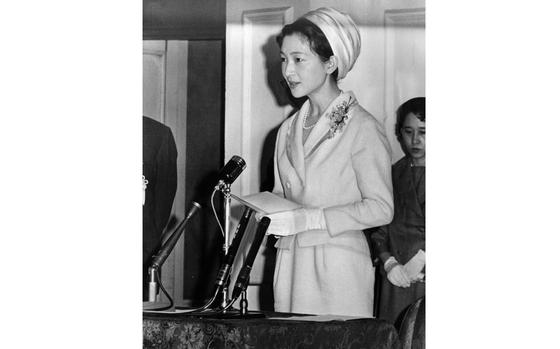 Tokyo, Japan, Apr. 18, 1964: Crown Princess Michiko addresses a corps of collegiate interpreters who volunteered for the 1964 Paralympic Games in Tokyo at the Japan Red Cross Auditorium. The Tokyo Paraylmpics are slated for the week of Nov. 8 at the National General Athletic Grounds. Athletes will represent 34 countries. The corps of collegiate interpreters is made up of 86 Japanese collegians from nine universities.

Curious about Stars and Stripes' coverage of the 1964 Olympics and Paralympics in Tokyo? Subscribe to Stars and Stripes’ historic newspaper archive! We have digitized our 1948-1999 European and Pacific editions, as well as several of our WWII editions and made them available online through https://starsandstripes.newspaperarchive.com/

META TAGS: Pacific; Japan; Japanese; local; Imperial House of Japan; Imperial family; Yamato Dynasty; Michiko Shoda; Japanese culture; ceremony; sports