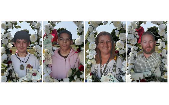 This combo of images show shooting victims, from left, Christian Angulo, Mason Schermerhorn, Cristina Irimie and Richard Aspinwall, displayed at a memorial outside Apalachee High School, Tuesday, Sept. 10, 2024, in Winder, Ga. (AP Photo/Charlotte Kramon)