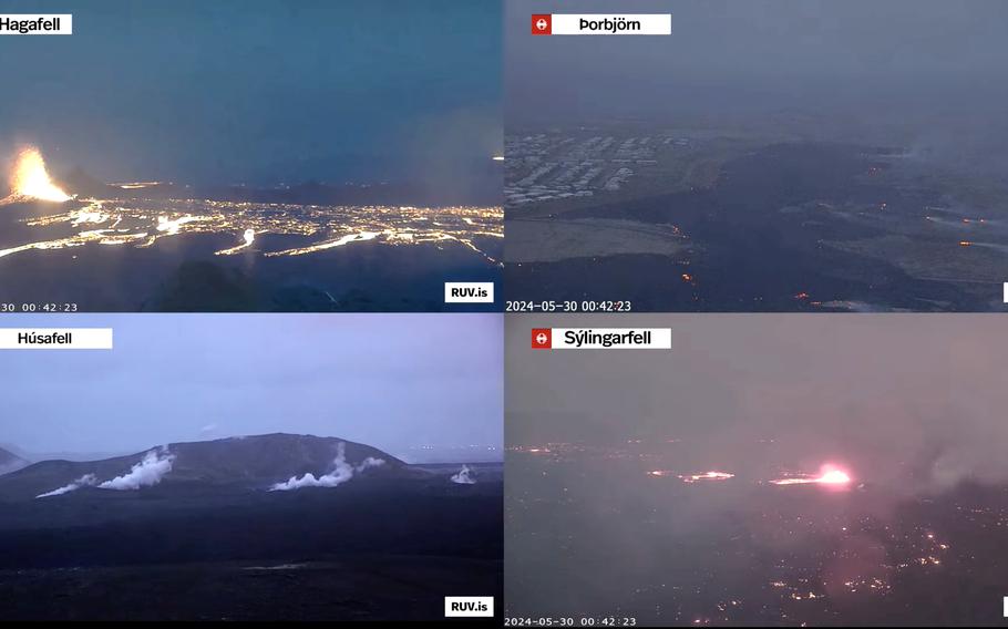 Screenshots of live footage from Iceland’s national broadcaster RÚV about 1 a.m. local time on May 30, 2024, show lava spewing from various locations. The top right box shows an area near a telecommunications station used by the U.S. Navy. 