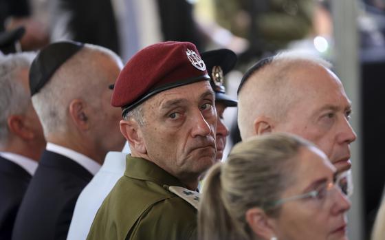 FILE - Lieutenant-General Herzi Halevi, center, attends a ceremony marking the Hebrew calendar anniversary of the Hamas attack on Oct. 7, 2023, at the Mount Herzl military cemetery in Jerusalem, Israel, on Oct. 27, 2024. (Gil Cohen-Magen/Pool Photo via AP, File)