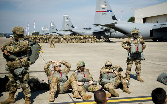 Ramstein Air Base, Germany, Jun. 7, 2016: Soldiers from the 173rd Airborne Brigade, 503rd Infantry Regiment rest before a C-130 flight at Ramstein Air Base. The paratroopers later dropped into Poland as part of Exercise Swift Response. 

META TAGS: U.S. Army; 173rd Airborne Brigade; 503rd Infantry Regiment ; exercise; Swift Response; 