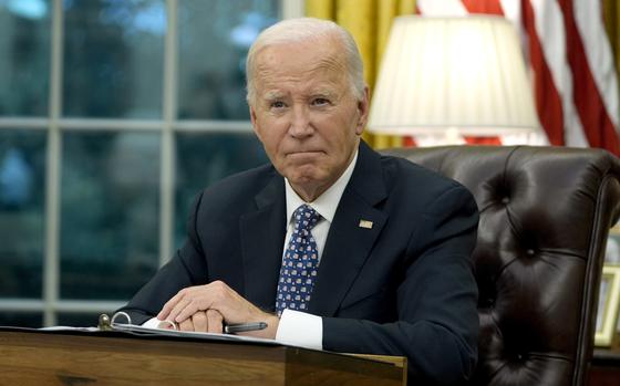 FILE - President Joe Biden speaks from the Oval Office of the White House in Washington, Sept. 30, 2024. (AP Photo/Mark Schiefelbein, File)