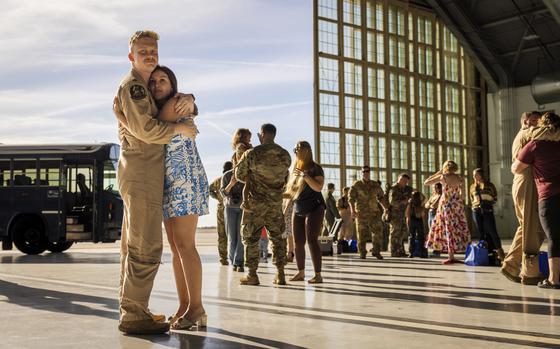 U.S. Air Force Capt. Graham Smith, a pilot assigned to the 91st Air Refueling Squadron, is welcomed home by Carla Garcia at MacDill Air Force Base, Florida, Jan. 5, 2025. The Airman had just returned from a deployment in the U.S. Central Command area of responsibility. The 6th ARW thanks all the service members and their families for the sacrifices they make throughout their military career. The support of military families serves as the backbone for the 6th ARW’s ability to deliver hope and project lethality, anytime and anywhere. (U.S. Air Force photo by Staff Sgt. Lauren Cobin)