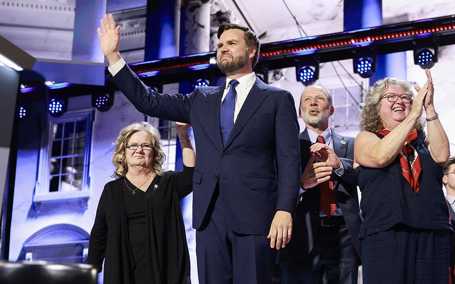 J.D. Vance is joined on stage by his family after formally accepting the Republican vice presidential candidate nomination at the Republican National Convention in Milwaukee on July 17, 2024.