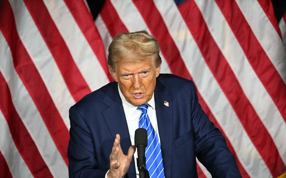 Donald Trump speaks during a campaign event at Discovery World in Milwaukee.