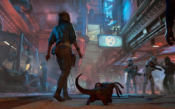 Kay and Nix make their way through the streets of Mirogana in Star Wars: Outlaws. The game’s developers tried to develop an open-world formula where all things were possible for players.