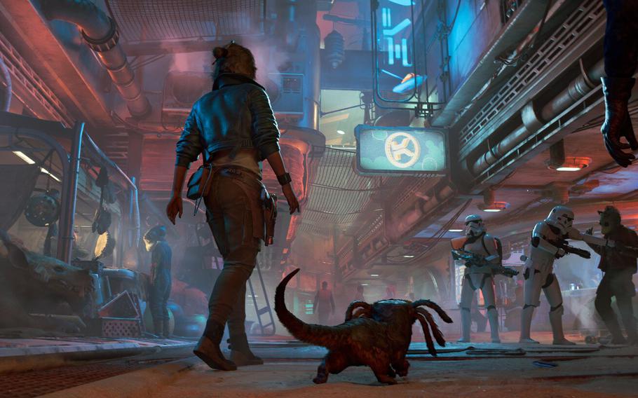 Kay and Nix make their way through the streets of Mirogana in Star Wars: Outlaws. The game’s developers tried to develop an open-world formula where all things were possible for players.