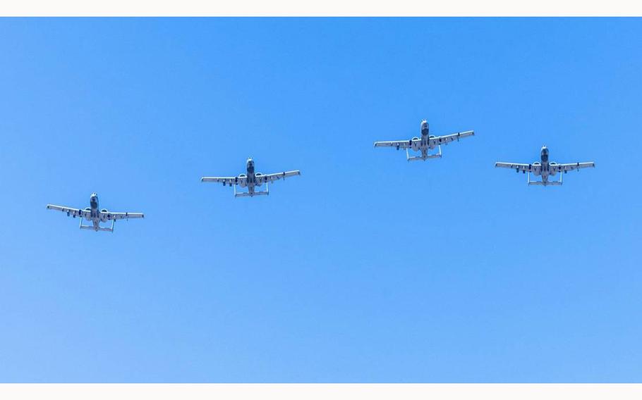 A-10 Thunderbolt II aircraft perform a flyover during the change of command ceremony held at Gowen Field on Tuesday, June 25, 2024.