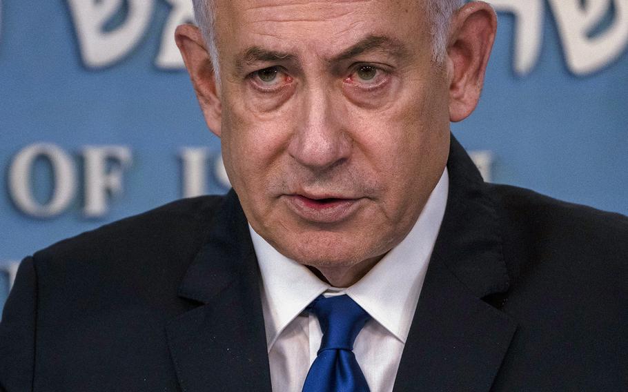 Israeli Prime Minister Benjamin Netanyahu speaks during a news conference with the  in Jerusalem on March 17, 2024. 