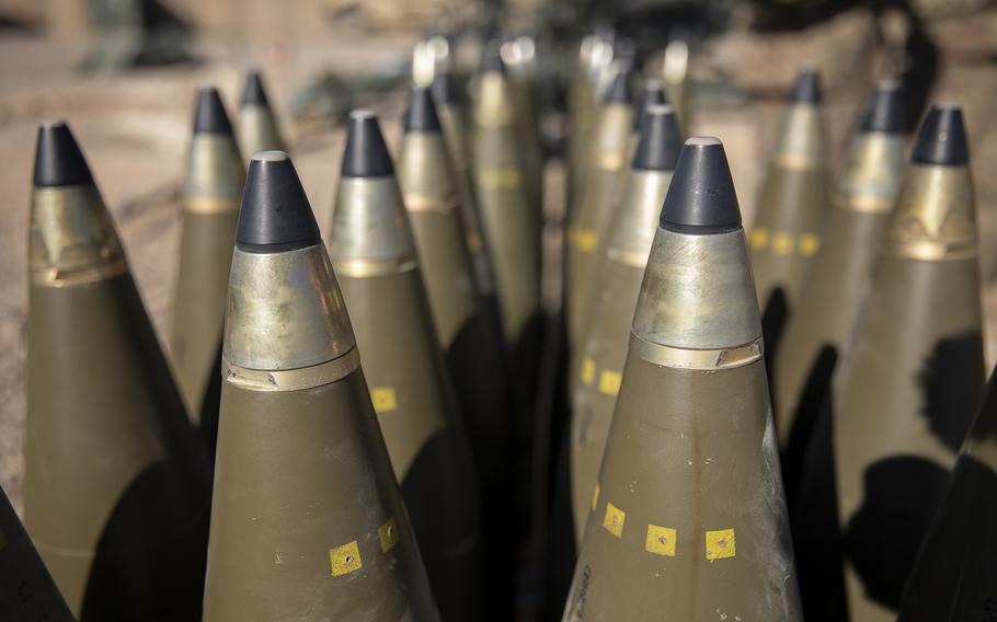 Multiple 155mm rounds are displayed during a 155mm howitzer live-fire exercise in Iraq in 2020. 