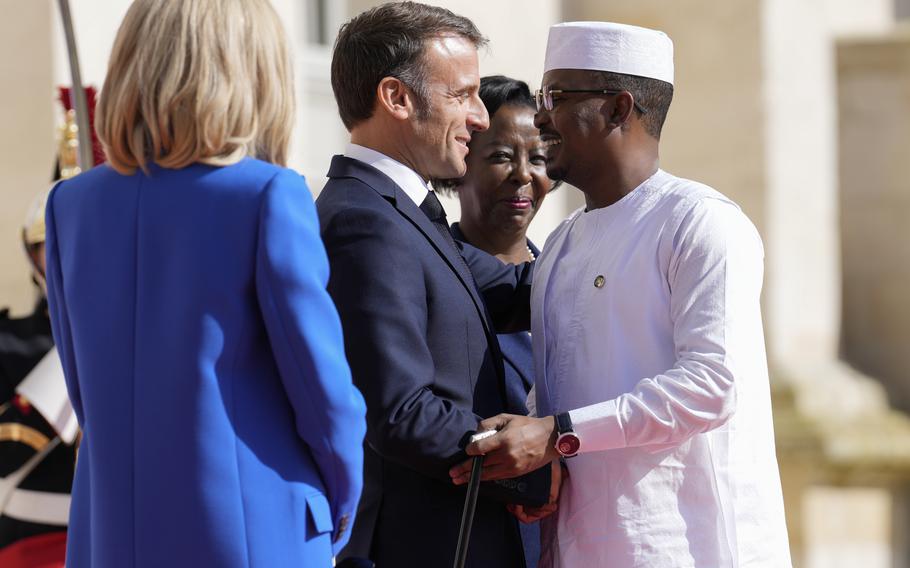 France’s President Emmanuel Macron, left, and Secretary General of the Organisation Internationale de la Francophonie Louise Mushikiwabo, center, welcome Chad’s President General Mahamat Idriss Deby Itno for the 19th Francophonie summit in Villers-Cotterets, France, Oct. 4, 2024.