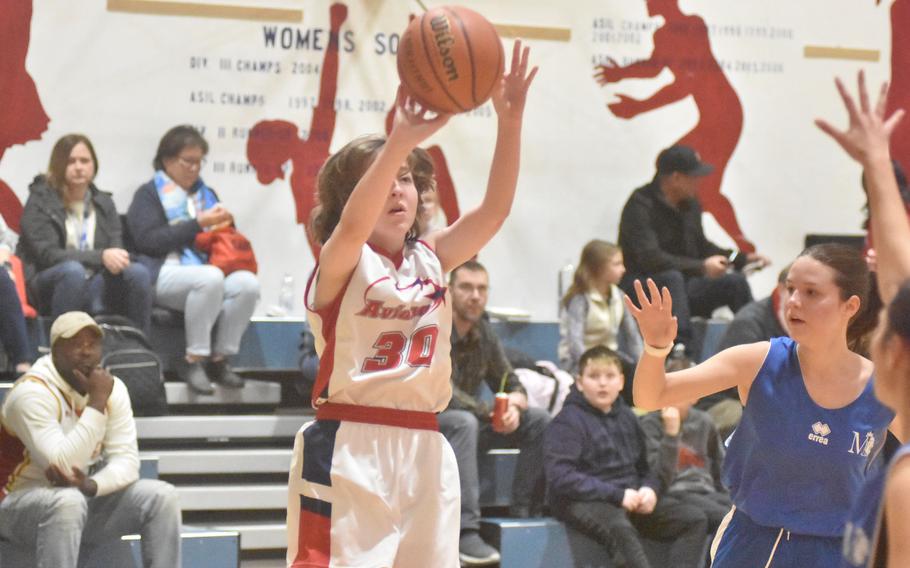 Aviano’s Arianna Meraz shoots during the Saints’ 48-26 victory over Marymount on Friday, Dec. 1, 2023.