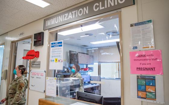 The immunization clinic at Kadena Air Base, Okinawa, picutred here in January 2022, reopened this week after an investigation into ineffective vaccines.