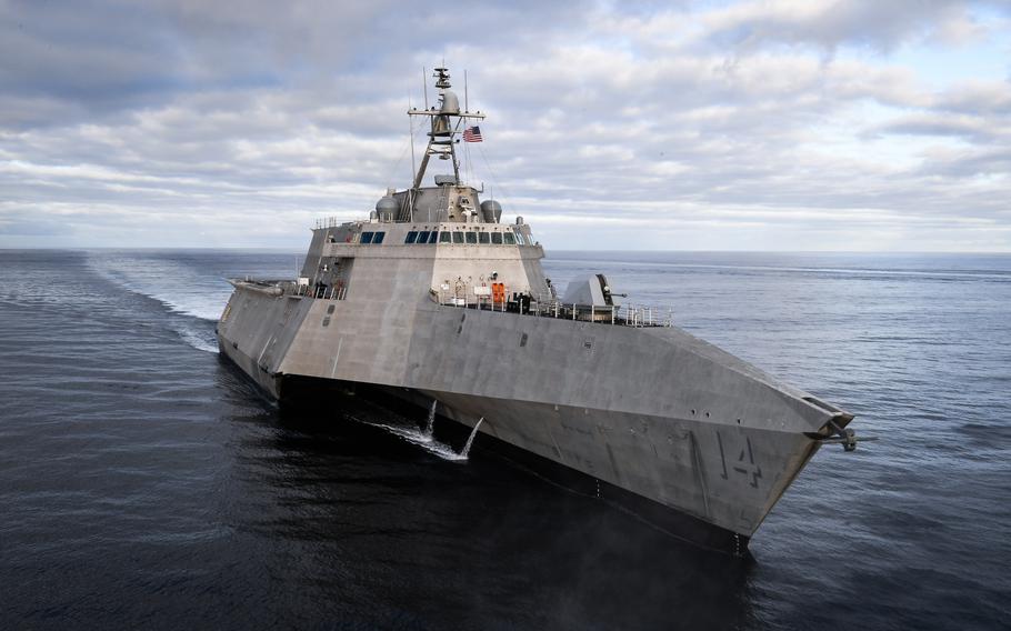 The littoral combat ship USS Manchester sails in the eastern Pacific Ocean in 2019. The Navy is planning to deploy the ships to the Middle East for mine countermeasure operations.