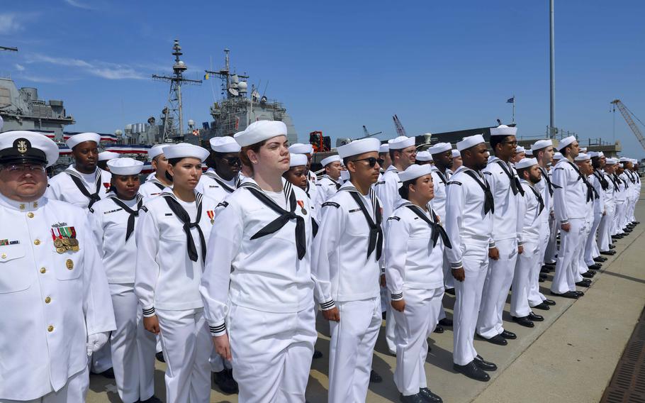 Sailors stand at attention during the decommissioning ceremony of the guided-missile cruiser USS Vicksburg (CG 69), June 28, 2024, in Norfolk, Va. 