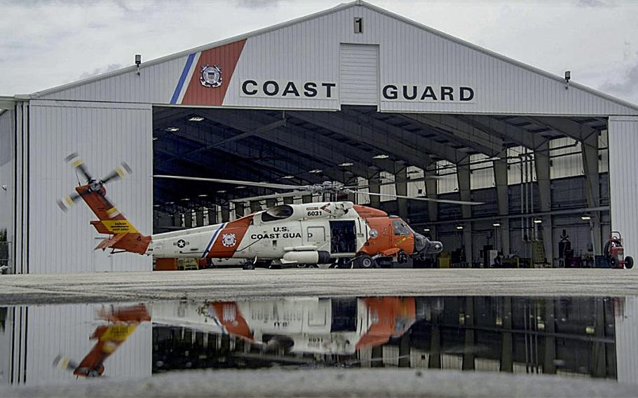 A helicopter is seen parked at Coast Guard Ais Station Clearwater, Fla., on Aug. 14, 2018.