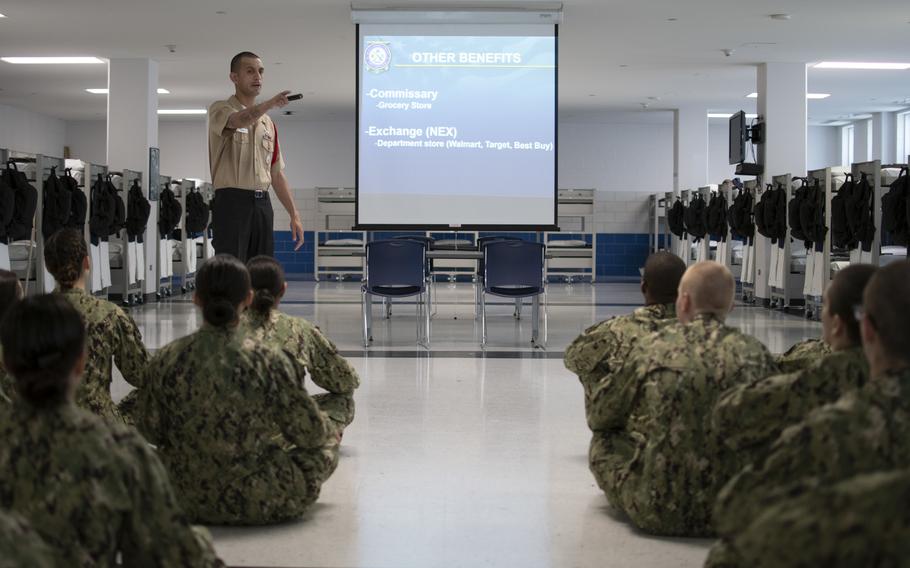 Aviation Electronics Technician 1st Class Martin Gudino, a recruit division commander, conducts general military training at Navy Recruit Training Command in Great Lakes, Ill., in August 2018.