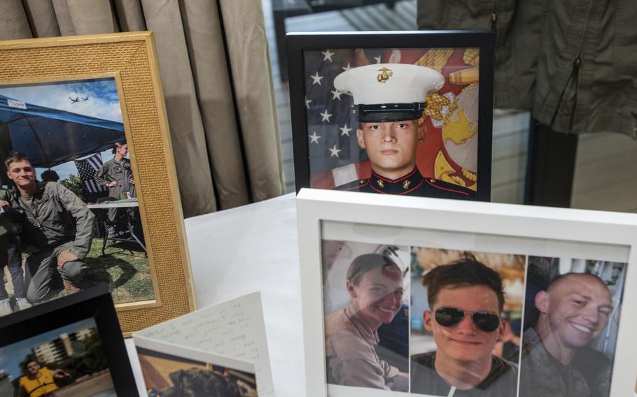 Photographs of Spencer R. Collart and his fellow Marines, Eleanor V. LeBeau, bottom left, and Tobin J. Lewis, bottom right, are displayed at the home of Collart’s parents in Arlington, Va., on June 19, 2024.