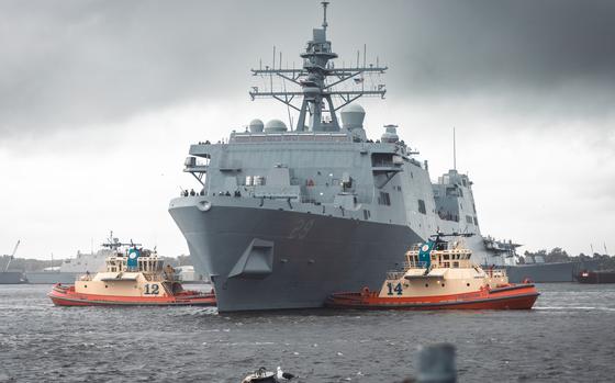 240912-N-OZ224-1568



NAVAL STATION MAYPORT, Fla. - (Sept. 12, 2024) The San Antonio-class Amphibious Transport Dock USS Richard M. McCool Jr. (LPD 29) pulls into Naval Station Mayport, Sept. 12, 2024. Richard M. McCool Jr., commissioned Sept. 7, 2024, is the Navy’s 13th San Antonio-class amphibious transport dock ship (U.S. Navy photo by Mass Communication Specialist 1st Class Brandon J. Vinson)