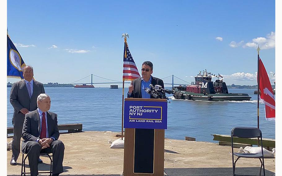 Mike Connor, U.S. Army Corp assistant secretary of civil works, speaks during a briefing on May 29, 2024, in Bayonne, N.J.