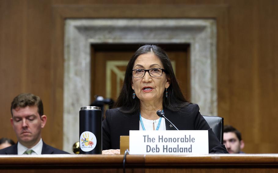 U.S. Interior Secretary Deb Haaland testifies during a Senate Energy and Natural Resources hearing on May 2, 2023, in Washington, D.C. The Fifth Circuit Court of Appeals ruled on Nov. 14 that the department has until Dec. 20 to sell drilling rights in the Gulf of Mexico. 