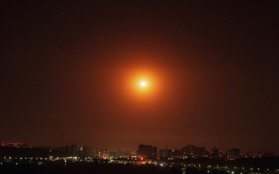 Ukrainian air defense intercepts a Shahed drone mid-air during a Russia aerial attack on the capital in Kyiv, Ukraine, Saturday, Sept. 7, 2024. 