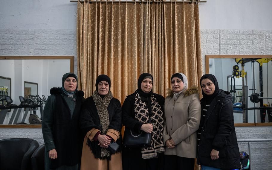 From left, Muna Abdallah, 43, Shifa Shilbayeh, 60, Samia Himo, 49, Amal Tirawi, 50, and Abeer Abu Halimeh, 29, who are involved with the women’s center at the Balata refugee camp.