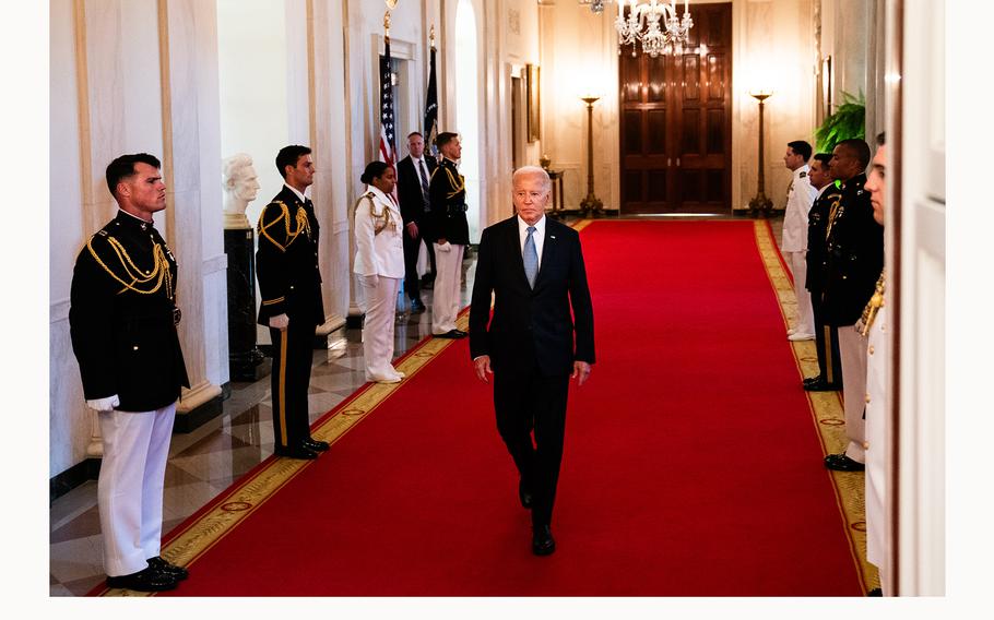 President Biden enters for a Medal of Honor Ceremony in the East Room of the White House on Wednesday, July 3, 2024.