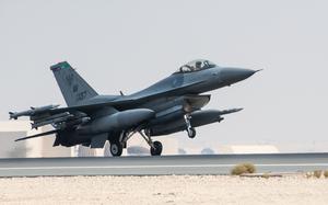 A U.S. Air Force F-16 Fighting Falcon assigned to the 555th Expeditionary Fighter Squadron arrives at Al Dhafra Air Base, United Arab Emirates, July 17, 2023. A weapons-loading vehicle collided with an F-16 on the ground belonging to the same squadron in the Middle East in November 2023, sparking a fire, a newly released Air Force investigation report said.