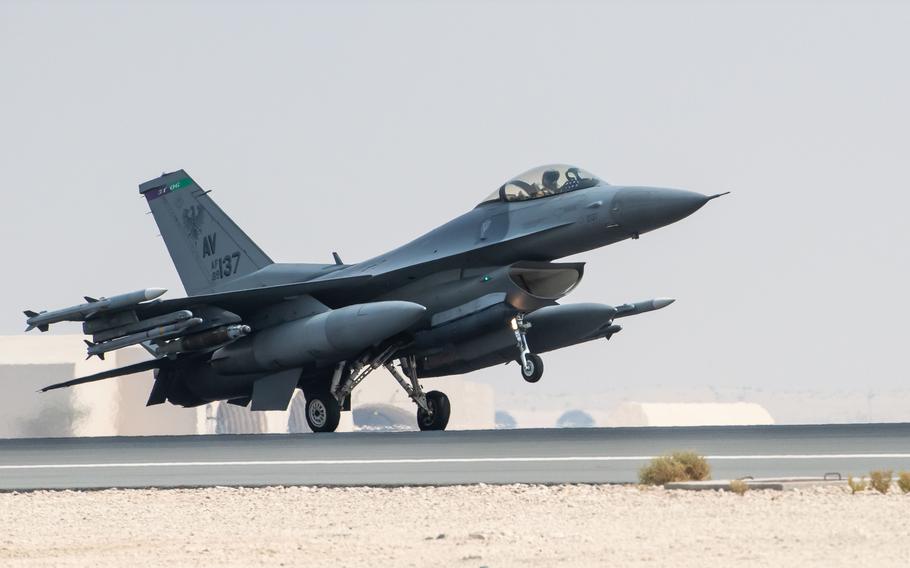 A U.S. Air Force fighter jet lands on a runway in the Middle East in November 2023.