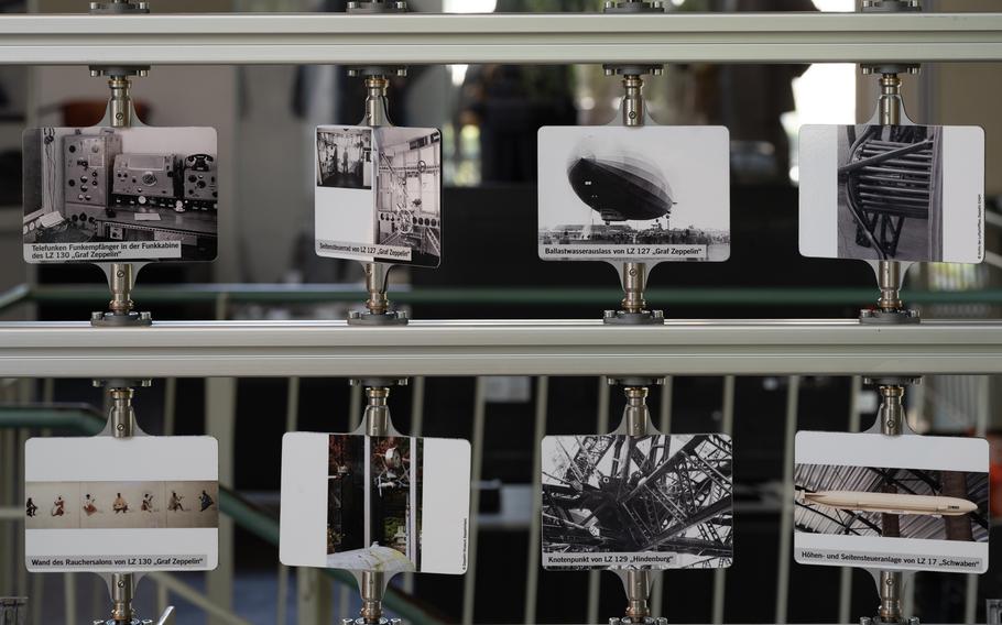 A set of miniature rotating pictures at the Zeppelin Museum in Neu-Isenburg, Germany, shows assorted elements of the legendary airships. The image in the lower left depicts the wall covering of the smoking salon in the short-lived Graf Zeppelin II. 