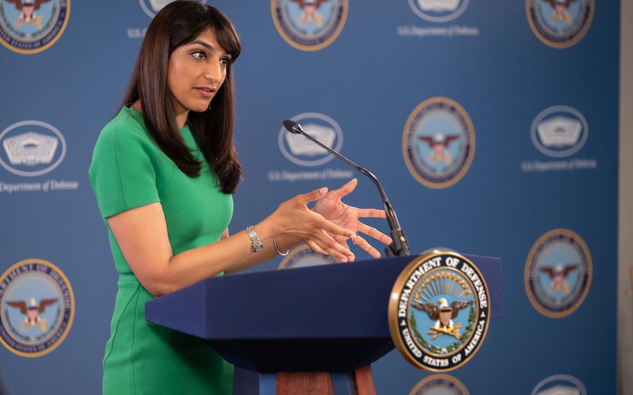 Deputy Pentagon Press Secretary Sabrina Singh conducts a news briefing May 4, 2023, at the Pentagon.